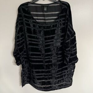 LANE BRYANT Size 18/20 Tunic Blouse Black Velvet Chiffon Stripe 3/4 Sleeves